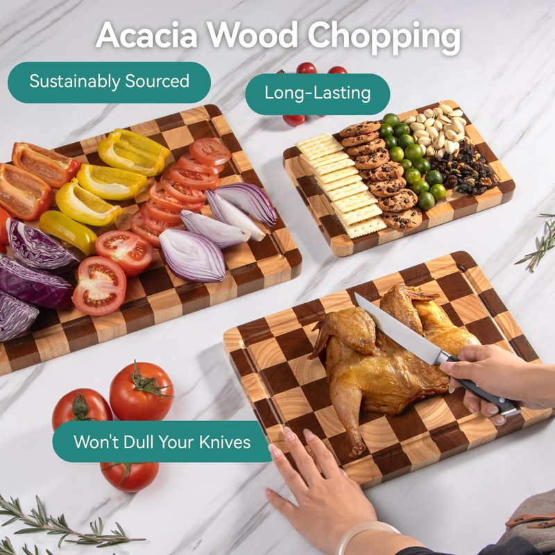 Checkerboard Cutting Board 3-PC Set, Solid Wooden Chopping Board, Acacia