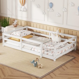 Zyerch Twin Size Floor Bed, Montessori Floor Bed with Fence, Kids Montessori Bed Twin Size, Wood Montessori Floor Bed for Kids, Girls, Boys (White)