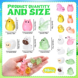 GGSTDDUP 98pcs Luminous Mini Resin Animals, Mini Duck Axolotl Flamingo Cow Pig Cat Chicken Rabbit Sheep Dinosaur Butterfly Turtle Capybara Snail, Glow in The Dark for Landscape Dollhouse Fairy Garden