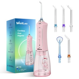 WellLeo Water Flosser for Teeth, 300ML Cordless Oral Irrigator Rechargeable Dental Flosser Teeth Picks with 5 Modes 5 Jet Tips,IPX7 Waterproof Teeth Cleaner for Braces Gum Care, Home Travel Use
