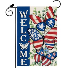 ZAEW Welcome Watercolor America Stars Butterflies Eucalyptus Leaves Flowers Patriotic 4th of July Memorial Day Independence Day Garden Flag Yard Flag 12x18 Inch Double Sided Small Mini Yard Outdoor Outside Holiday Decoration