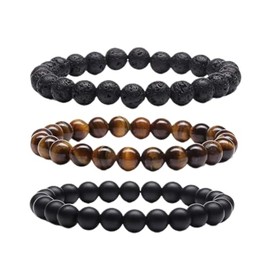 ChungLong0593 3PC Men's Natural Stone Beaded Elastic Bracelet Tiger's Eye Lava Stone Black Crystal Beaded Bracelet