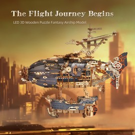 FUNPOLA LED 3D Wood Puzzle Fantasy Airship Model - Steampunk DIY Craft Kit with LED Lights – Intricate Wooden Airship Model Building Set for Teens and Adults(Gray)