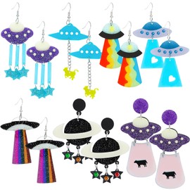 SUBANG 7 Pairs UFO Aliens Earrings Acrylic Flying Saucer Space Weird Dangle Earring Multiple Colors Novelty Fun Glitter Studs for Women
