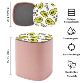 Seamless Green Sleeping Smile Avocado with Hearts on White Women Jewelry Box with Mirror, Storage Bag Case for Rings, Necklaces, Bracelets, 360 Degree Rotating 4-layer Tray with Lid