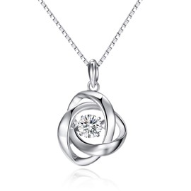 Women Necklace Silver Rose Pendant Necklace 925 Sterling Silver CZ Necklace Dancing Zirconia Necklace Sterling Silver Necklace Women Fake Diamond Necklace White Gold