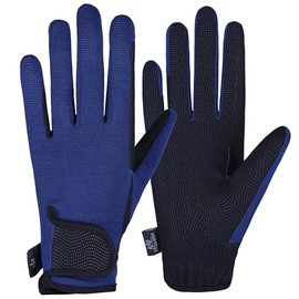 AFE Ladies Horse Riding Gloves Track Fabric Gloves Synthetic Leather Equestrian Black Stretch Fabric Navy Blue (Large)