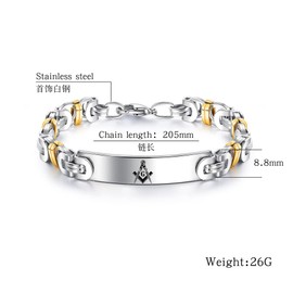 KBNSUIAN Stainless Steel Mason Symbol Bracelet Chain for Men Women, Gold Silver Tone Freemason Emblems Byzantine Link Bracelet with Lobster Claw, Masonic Compasses Masonry Jewelry