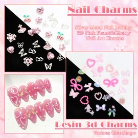 RODAKY 3D Pink Nail Charms Butterfly Nail Art Charms Cute Heart Nail Gems Mixed Style Cherry Flower Nail Jewelry Charms Resin Bowknot Nail Decoration for Manicure Crafts DIY Accessories