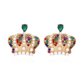 Colorful Crown Earrings, Colorful Tiara Dangle Earrings for Women, Bohemian Pearl Crown Vacation Earrings, Cute Crown Statement Earrings Summer Boho Jewelry, Rhinestone Crown Drop Earrings for Ladies