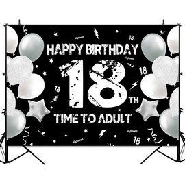 Sensfun Happy 18th Birthday Backdrop for Boys Girls Black White Time to Adult 18th Birthday Decorations 18 Year Old Birthday Party Banner Photo Booth Props Background Decor Supplies 5x3ft