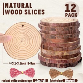 Unfinished Natural Wood Slices 3.1-3.5 Inch, 12PCS Round Wooden Discs with Tree Bark, Wood Rounds Predrilled with Hole, 20m Twine String for Crafts Christmas Ornaments, Wood Circles for Rustic Wedding