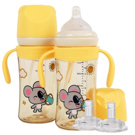 AIWIBI Anti-Colic Baby Bottle, 9 oz, Weighted Straw Baby Bottle with Straw Spill Proof, Breakproof Tritan Sippy Cups with Handle, Suitable for Babies 6+ Months, 1 Cup with 2 Nipples (2 pk)