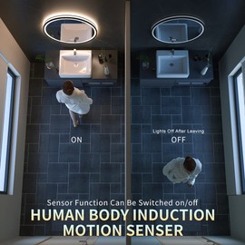 GANPE LED Sensor Mirror, Round Human Body Induction, Black Framed Vanity Mirror, Illuminated Dimmable Anti Fog IP44 Waterproof Wall Mounted Mirror (24" L x 24" W)