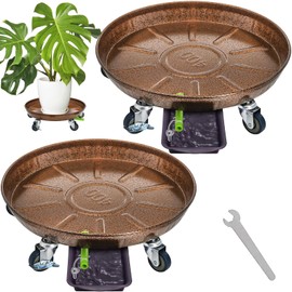 Nagpew 2 Pack Large Plant Caddy with Lockable Wheels, 16 Inch Heavy Duty Rolling Planter Stand with Drainage Tray Outlet, Round Pot Dolly Mover for Indoor Outdoor, Porch, Garden, Patio