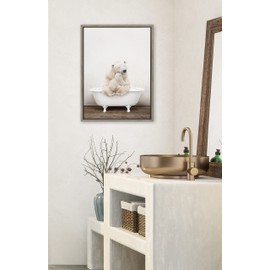 Kate and Laurel Sylvie Mother and Baby Polar Bear in Rustic Bath Framed Canvas Wall Art by Amy Peterson Art Studio, 18x24 Gray, Modern Fun Decorative Bathtub Wall Art for Home Décor