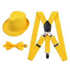 Alizeal 2.5cm Elastic Braces 3 Clip Suspender and Bow Tie Set with Fedora Hat for Kids, Yellow