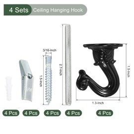 YOKIVE 4 Set Ceiling Hook Kit, Heavy Swag Hanging Hook with Mounting Screw Hanging Plants, Great for Office, Home, Daily Use (Black, 1.5x1.3-Inch)