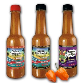 Chiletico Heatstorm: Dragon Edition – Extreme Hot Sauce 300g / 10.5 oz Each – Caribbean Hot, Caribbean Extra Hot & Aliento de Dragon – Artisan Costa Rican Heat – With Fresh Vegetables and Natural Spices – Gourmet Flavor – Big Size – 3 PACK