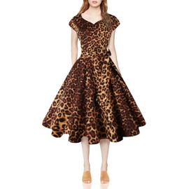 Kingfancy Women Vintage 1950s Dress Retro Cocktail Party Swing Dresses with Cap Sleeves Leopard M