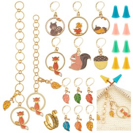 NBEADS 35 Pcs Knitting Accessories Kit, 12Pcs Squirrels Leaves Alloy Enamel Stitch Markers 2Pcs Knitting Row Counter Chains 20 Pcs Knitting Needle Stoppers 1Pc Yarn Guide Finger Ring for Knitting