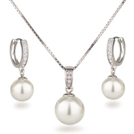 Schöner-SD Set Necklace Earrings Jewellery Set with Pearls 925 Silver Rhodium, Silver, White