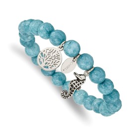 Auriga Fine Jewelry Stainless Steel Antiqued and Polished Seahorse and Tree of Life 8mm Blue Dyed Jade Beaded Stretch Bracelet 6.25"