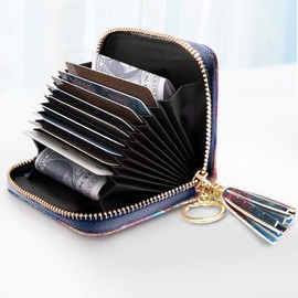 Coco Rossi Leather Credit Card Wallet for Women, RFID Blocking Zipper Cards Holder with Tassel, Nebula