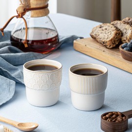 MIKIGEY Espresso Cups Set of 2, 4oz Espresso Shot Cups, Mini Coffee Mugs Farmhouse Decor, Espresso Cup Perfect for Espresso Machine, Microwave and Dishwasher Safe，（Embossed Stripes+Firework）