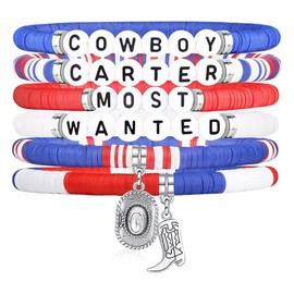 Western Cowgirl Cowboy Beaded Stretch Bracelets Bohemian Hat Boots Stackable Charm Bracelet 4th of July Independence Day Surfer Clay Bracelet for Women Men Holiday Memorial Jewelry﻿-Blue