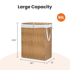 Elevon 90L Laundry Basket with Lid, Hand-Woven Pp Rattan Laundry Hamper with Compartments & Handles, Foldable, Large Capacity Clothes Basket with Removable Liner for Bathroom, Yellow