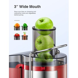 QCen Juicer Machine, 500W Centrifugal Juicer Extractor with Wide Mouth 3” Feed Chute for Fruit Vegetable, Easy to Clean, Stainless Steel, BPA-free (Red)