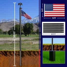 Tzechkii Heavy Duty Flag Poles for Outside House Inground, 20FT 12 Gauge Extra Thick Aluminum Flag Pole Kit, High Wind Resistance with Embroidered American Flag for Residential, Commercial