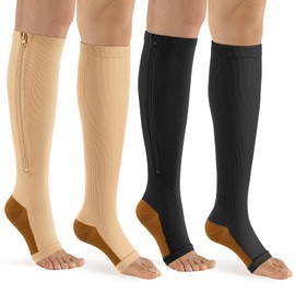 bropite Zipper Compression Socks Women & Men - 2Pairs Calf Knee High 15-20mmHg Open Toe Compression Stocking suit for Walking