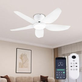 GJeg Ceiling Fans with Lights, 43 Inch Low Profile Ceiling Fan with Light and Remote/App Control, Flush Mount, Reversible DC Motor, 3CCT, Dimmable, Noiseless, White Ceiling Fan for Indoor/Outdoor Use