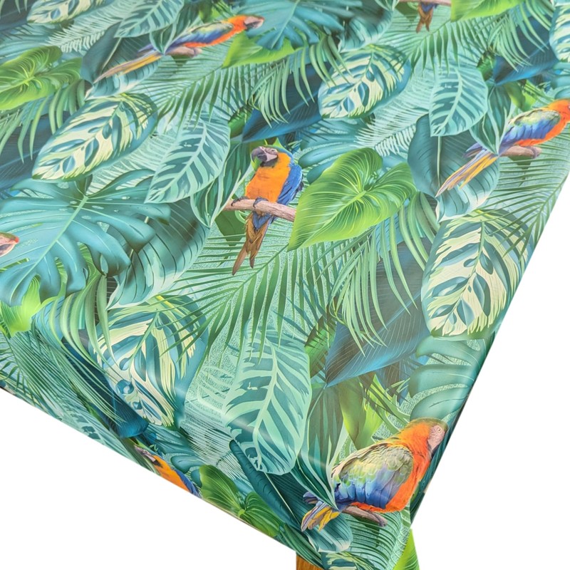 Karina Home Parrot Rainforest Teal PVC Tablecloth, Wipe Clean Oilcloth,