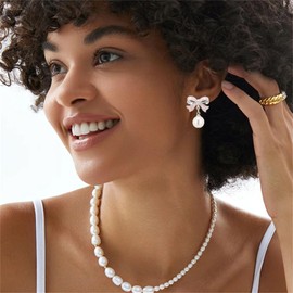 coadipress Pearl Bow Earrings for Women Trendy Stuff Cute Bow Pearl Drop Dangle Earrings Pink Coquette Drop Stud Ribbon Earrings Bowknot Stud Wedding Party Christmas Jewelry Valentines Day Gifts (Silver Pink)