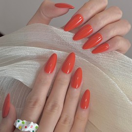 24 Pcs Solid Orange Red Press on Nails Almond Press on Nails Short Cherry Color Almond Nail Tips Acrylic Nails Soft Gel Nail Tips Fake Nails with Glue Short for Young Girls