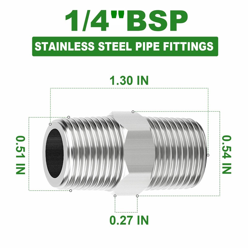 TAISHER 10PCS 304 Stainless Steel New Hex Nipple, 1/4" BSP