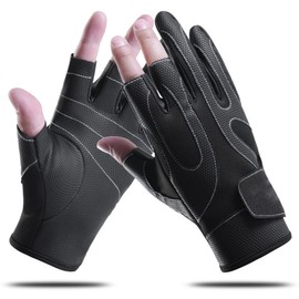 KEYDUACU Leather Fishing Gloves 3-Cut Fingers Warm for Men and Women Cold Weather Fingerless Gloves Also Good for Riding Running Hunting (XL)