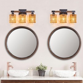 Feohak Bathroom Vanity Light, 3-Light Boho Bathroom Light Fixtures Over Mirror, Black Wood Rattan Farmhouse Rustic Wall Sconce, Bamboo Wicker Coastal Tropical Woven Bohemian Straw Wall Light