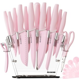 Astercook Kitchen Knife Set with Block and Sharpener 22 Piece German High Carbon Stainless Steel Knives Sharp Blade Dishwasher Safe Knife Set with Anti-slip Ergonomic Handle, Crystal Pink
