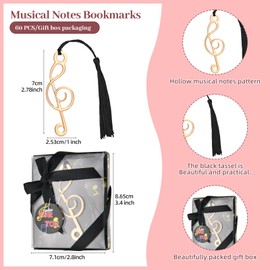 60 Pcs Hollow Music Note Bookmarks with Elegant Silk Tassel, Metal Note Bookmarks with Gift Box, for Baby Shower Favors Office Supplies School Gifts Wedding Party Decoration Guests Souvenirs