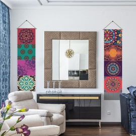 AHANDMAKER 2Pcs Boho Mandala Splicing Tapestry, Colorful Mandala Long Vertical Wall Hanging, Floral Tassel Wall Aesthetic Tapestry for Bedroom & Living Room (45.7x13 Inch)