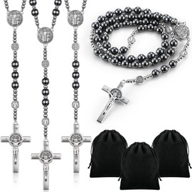 ROCEEI 6 Pcs First Communion Black Stone Rosary Bead Necklace with 6 Bag Crucifix Metal Beaded Hematite Catholic Prayer Gifts (Classic,8 mm)