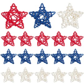 SOFPLATE 18Pcs Independence Day Rattan Stars Bulk Red White Blue Wooden Stars Decor 2.36 Inch Small Wicker Rattan Ball Vase Bowl Filler 4th of July Decorations for Home Wedding Party Veterans Decor