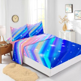 Nttopship Blue 4 Pieces Bed Sheets Soft Microfiber Rainbow Glitter Bedding Set Fitted Sheet Deep Pockets Top Flat Sheet Room Decor Colorful Stripe Full Size with 2 Pillowcases for Girls and Boys Kids