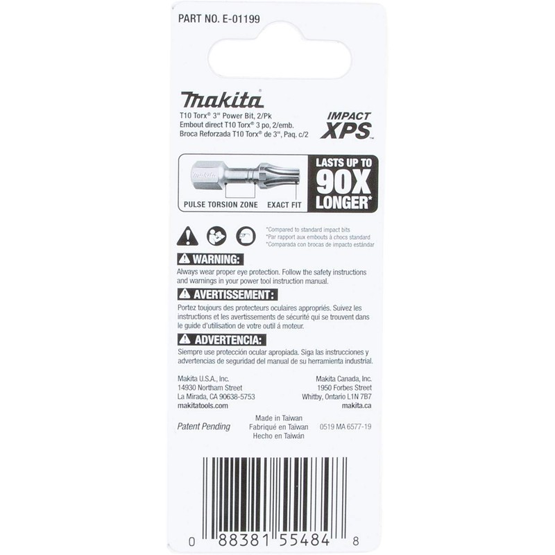 Makita E-01199 Impact XPS™ T10 Torx 3" Power Bit, 2/pk