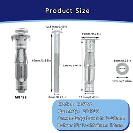 DAIRYCOF Pack of 20 Cavity Dowels, Metal Galvanised Hollow Wall Dowels, M8 x 52 mm, Expansion Nuts, Hollow Wall Dowels, Thin Fixings for Fixings in Plasterboard (20, M8 x 52 mm)