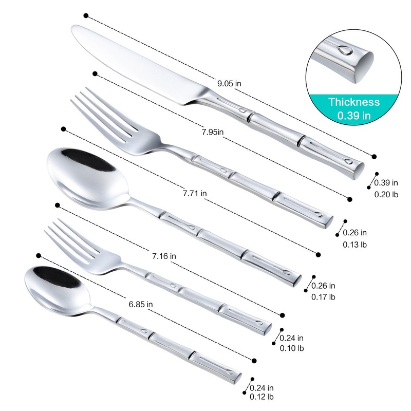 Flatasy Silverware Set Silver Bamboo Handle Flatware Stainless Steel Heavy